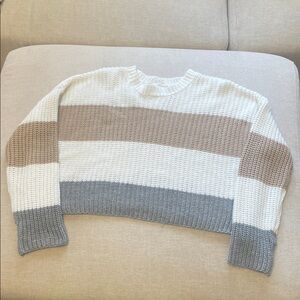 Cropped Striped Knit Sweater - White, Tan, Gray